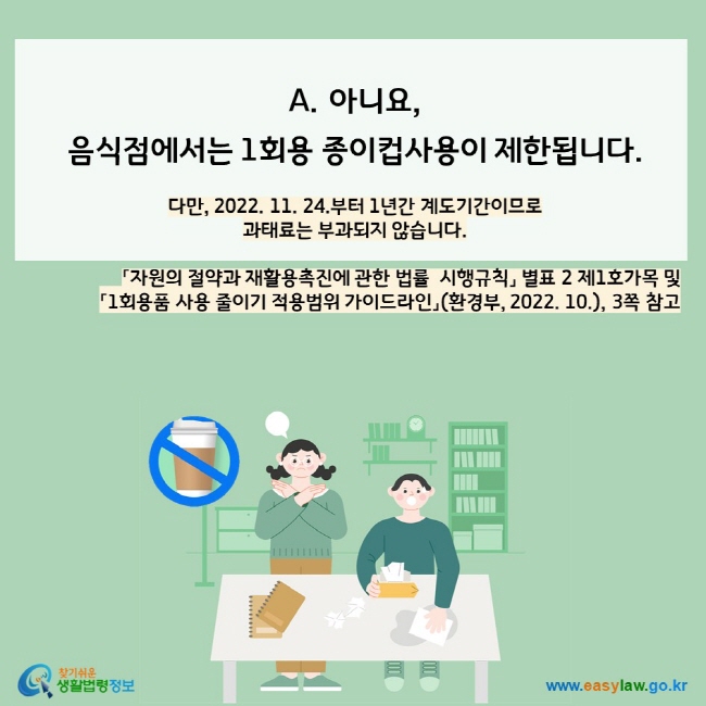 A. 아니요, 음식점에서는 1회용 종이컵사용이 제한됩니다. 다만, 2022. 11. 24.부터 1년간 계도기간이므로  과태료는 부과되지 않습니다.   「자원의 절약과 재활용촉진에 관한 법률  시행규칙」 별표 2 제1호가목 및 「1회용품 사용 줄이기 적용범위 가이드라인」(환경부, 2022. 10.), 3쪽 참고 